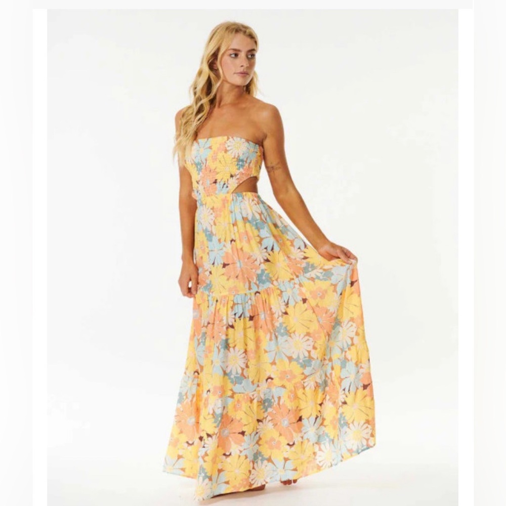 Rip Curl Sunrise Session Floral Cutout Smocked Strapless Sundress